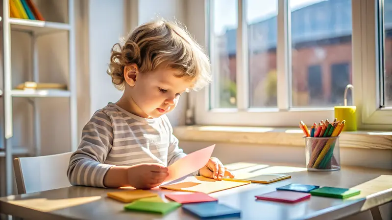 Kind konzentriert am Tisch mit bunten Karten