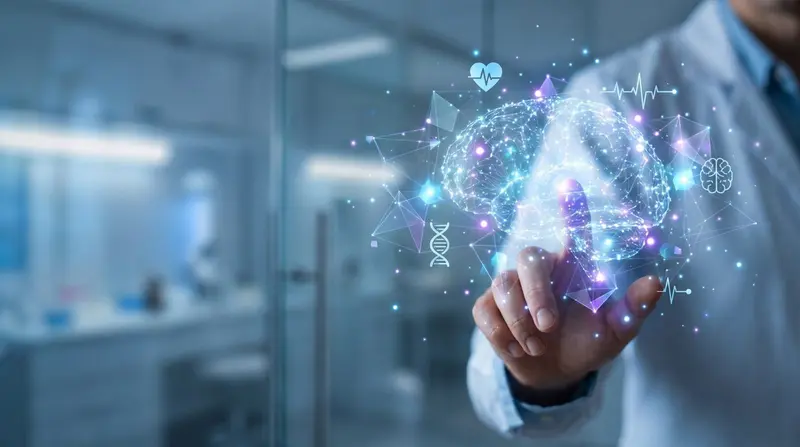 Digitale Darstellung eines Gehirns mit Symbolen für Herz und DNA