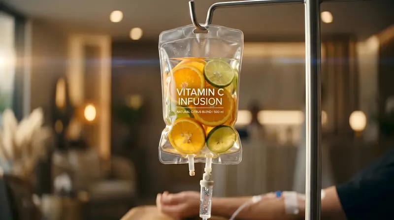 Vitamin-C-Infusionsbeutel mit Zitrusscheiben in ruhiger Praxisatmosphäre